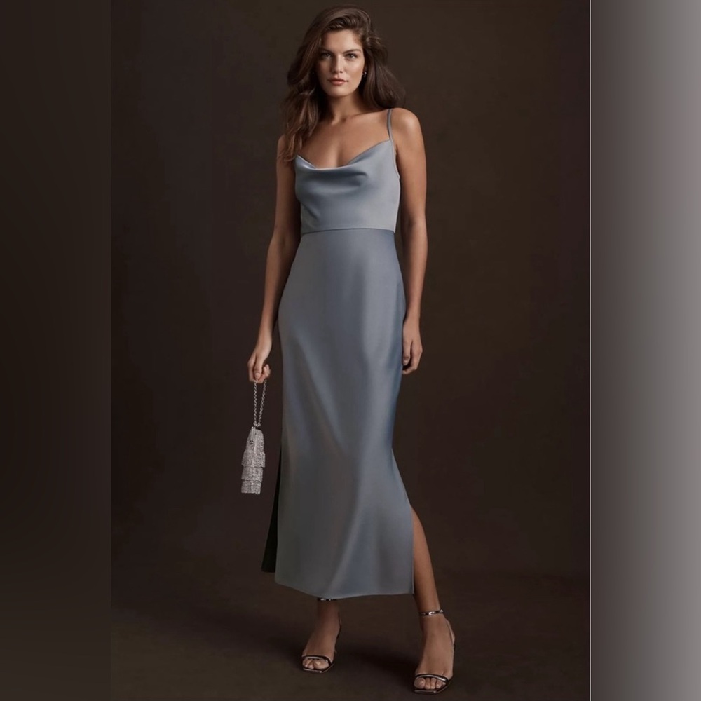 BHLDN Cowl neck slip dress dusty blue midi US 2